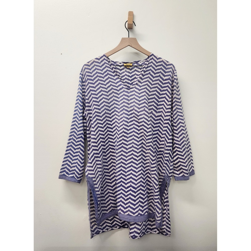 Roberta Roller Rabbit Tunic Top Women XL Blue Chevron Cotton Boho Resortwear